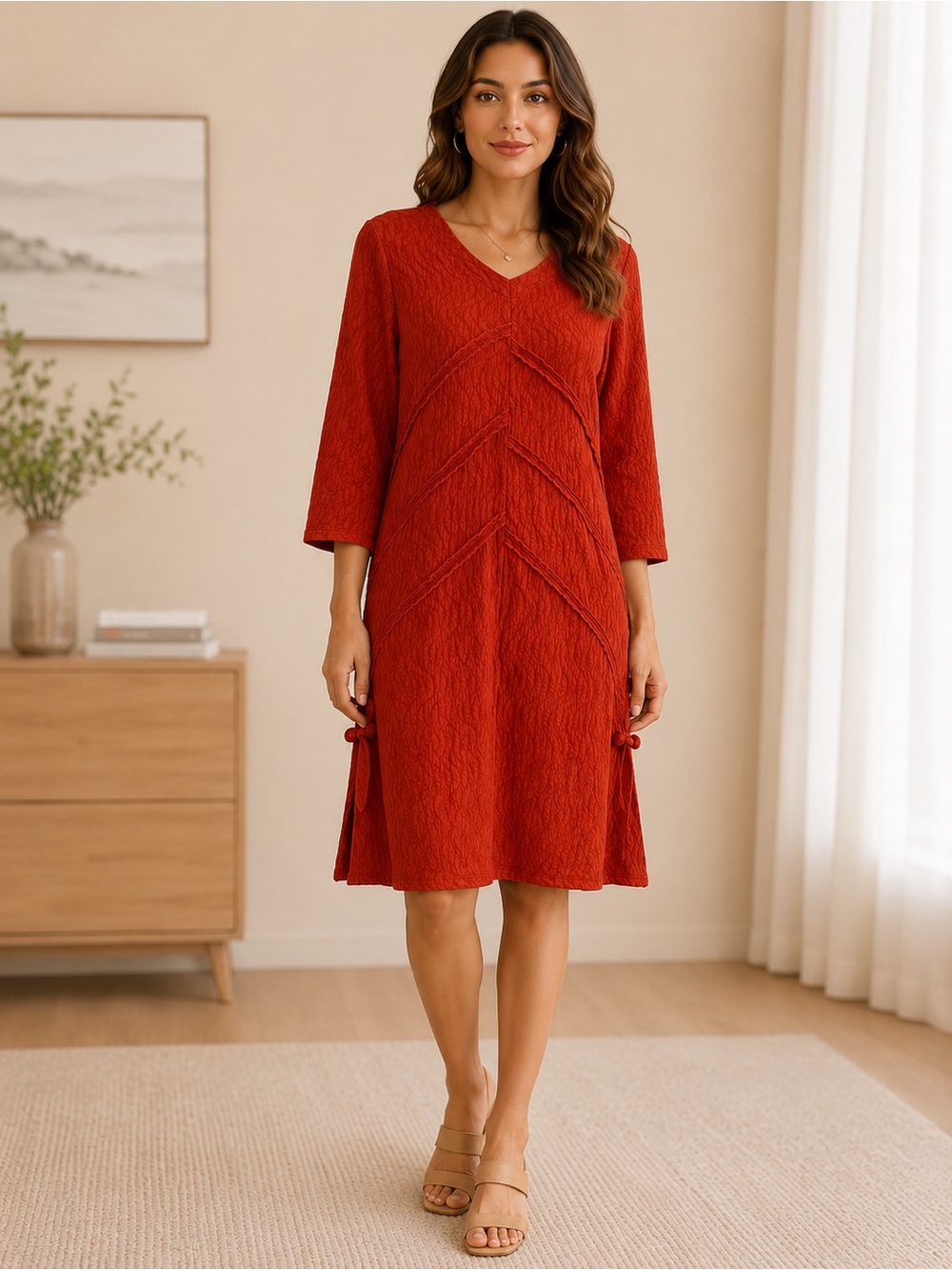 Women’s XL Rust Orange Textured V-Neck Tunic Dress